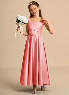 Azazie Bundle Junior Formal Flower Girl Dresses Coral A-Line Pleated Matte Satin Dress image4