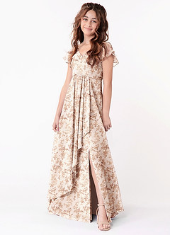Azazie Omari Junior Pink Fern Floral A-Line Ruched Chiffon Dress image1