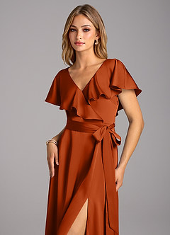 Azazie Lainey Bridesmaid Dresses Burnt Orange A-Line with Pockets Stretch Satin Dress image6