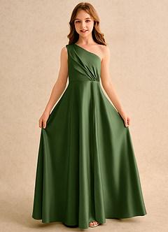 Azazie Puddles Junior Formal Jurken voor bloemenmeisjes A-Lijn Jurk van Mat Satijn One-Shoulder Olijf image5