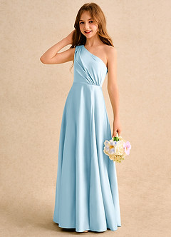Azazie Puddles Girls Formal Flower Girl Dresses Sky Blue A-Line One Shoulder Matte Satin Dress image6