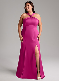 Azazie Rue Bridesmaid Dresses Fuchsia A-Line Pleated Stretch Satin Dress image10