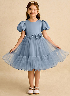 Azazie Cocoa Abiti da Ragazza di Fiori Abito Principessa in Tulle Plissettato Blu Polveroso image5
