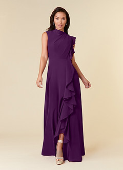 Azazie Narine Mother of the Bride Dresses Grape A-Line High Neckline Pleated Chiffon Dress image3