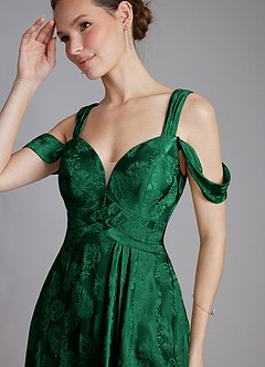 Azazie Emoria Bridesmaid Dresses Evergreen Jacquard A-Line Off the Shoulder Jacquard Dress image5