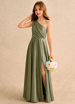 Azazie Puddles Girls Formal Robe Demoiselle D'honneur Fillette Robe Trapèze en Satin extensible Une épaule Pistache image3