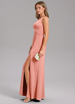 Azazie Feby Robes de demoiselle d'honneur Robe Trapèze en Satin extensible Ue épaule Corail image5