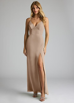 Azazie Becca Bridesmaid Dresses Taupe Sheath V-Neck Chiffon Dress image1