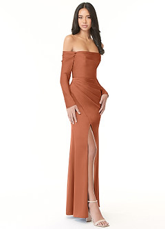 Azazie Hallie Bridesmaid Dresses Cedar Rose Sheath Off-The-Shoulder Long Sleeve Stretch Satin Convertible Dress image5