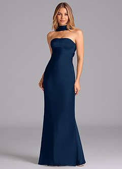 Azazie Lusinda Brudtärnklänningar Klä av Sjöjungfru i Stretch Satin Axelbandslös Mörk Marinblå image4