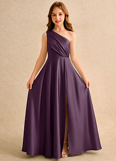 Azazie Puddles Girls Formal Abiti da Ragazza di Fiori Abito A-Line in Raso Elasticizzato Monospalla Prugna image5