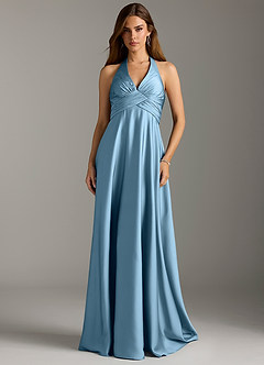 Azazie Tessie Bridesmaid Dresses Steel Blue A-Line Pleated Stretch Satin Dress image3