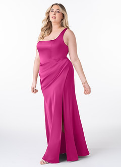 Azazie Mero Jurken voor bruidsmeisjes Jurk van Stretch Satijn met Kolom Geplooid Fuchsia image7