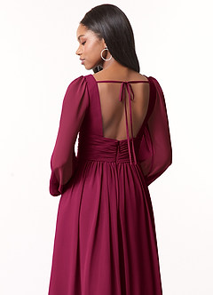 Azazie Norah Robes de demoiselle d'honneur Robe Trapèze en Mousseline de soie Col en V, manches longues Bourgogne image3