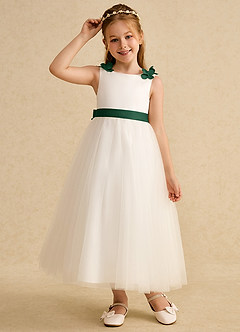 Azazie Lilli Blumenmädchenkleider A-Linie Schleifen Tüll Kleid Elfenbein Dunkelgrün image5