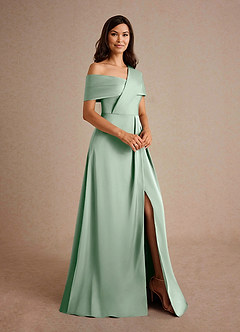 Azazie Milton Mother of the Bride Dresses Agave A-Line Pleated Stretch Satin Dress image6