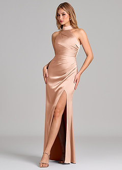 Azazie Karlotta Bridesmaid Dresses Rose Gold Sheath Pleated Stretch Satin Dress image4