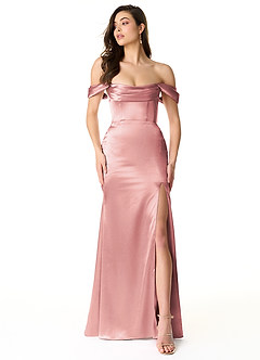 Azazie Liv Robes de demoiselle d'honneur Robe Fourreau Convertible en Satiné métallisé Épaule décolletée Rose Poussiéreuse image1