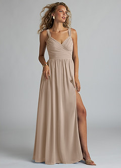 Azazie Aziza Bridesmaid Dresses Taupe A-Line V-Neck Pleated Chiffon Dress image2