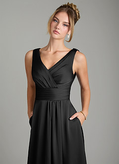 Azazie Karina Robes de demoiselle d'honneur Robe Trapèze en Satin extensible Plissée Noir image7