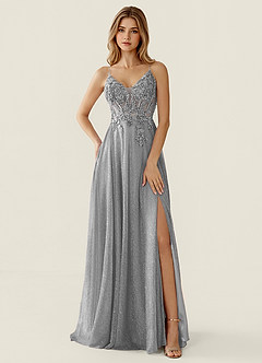 Zahara Silver V-neck Lace Corset A-line Prom Dress image4