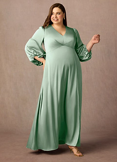 Azazie Luna Mother of the Bride Dresses Agave A-Line Pleated Stretch Satin Dress image4