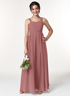 Azazie Simoan Junior Abito A-Line in Chiffon Scollo a Cuore Rosa Del Deserto image1