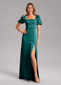 Azazie Fyona Bridesmaid Dresses Peacock A-Line Pleated Stretch Satin Dress image7