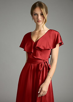Azazie Lainey Bridesmaid Dresses Pomegranate A-Line with Pockets Stretch Satin Dress image6