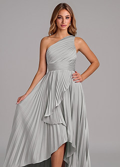 Azazie Lyrica 신부 들러리 드레스 A라인 한쪽 어깨 스트레치 새틴 비대칭 드레스 image4