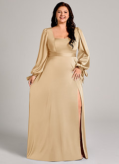 Azazie Leonia Vestidos de damas de honor Vestido de Oro de Satén Elástico de Corte en A con Manga larga image11