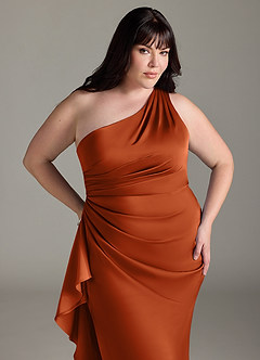 Azazie Latrice Bridesmaid Dresses Burnt Orange Sheath One Shoulder Cascading Ruffles Stretch Satin Dress image10