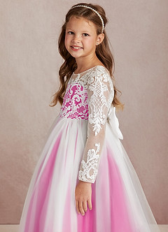 Azazie Elodie Flower Girl Dresses Ivory Fuchsia Ball-Gown Lace Dress image6