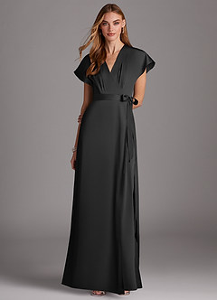 Azazie Nico Bridesmaid Dresses Black A-Line V-Neck Stretch Satin Dress image1
