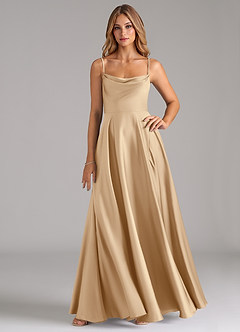 Azazie Elle Bridesmaid Dresses Champagne A-Line Pleated Stretch Satin Dress image1