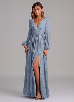 Azazie Norah Robes de demoiselle d'honneur Robe Trapèze en Blumen-Burnout Manche longue Bleu Poussiéreux image5