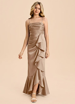 Azazie Ryan Junior Taupe Sheath Bow Stretch Satin Dress image3
