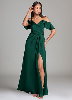 Azazie Dakota At-home Try On Dresses Emerald A-Line Off the Shoulder Stretch Satin Dress image4
