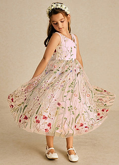 Azazie Arianna Flower Girl Dresses Blushing Pink A-Line Lace Tulle Dress image5