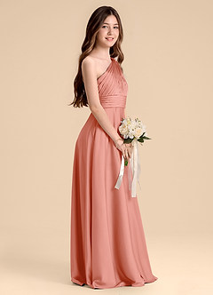 Azazie Charlize Junior Abito A-Line in Raso Elasticizzato Plissettato Corallo image5