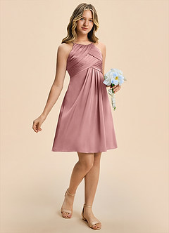 Azazie Ginny Junior Vestido Rosa Polvorienta de Satén Elástico de Corte en A con Plisado image7