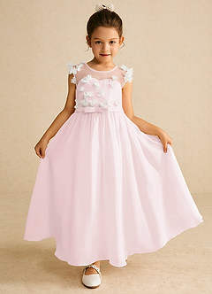 Azazie Arlo Flower Girl Dresses Blushing Pink Ivory A-Line Bow Chiffon Dress image1