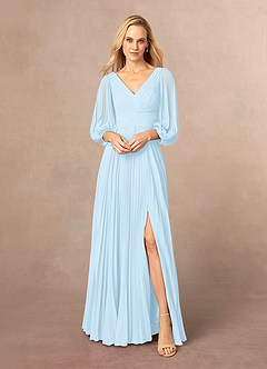Azazie Zahara Mère de la mariée Robes Robe Trapèze en Mousseline de soie Col V plissé Bleu Ciel image2