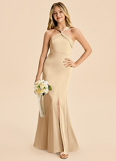 Azazie Rue Junior Champagne Mermaid Pleated Stretch Satin Dress image1