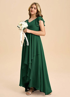 Azazie Caria Junior A라인 주름진 쉬폰 비대칭 주니어 신부 들러리 드레스 image5