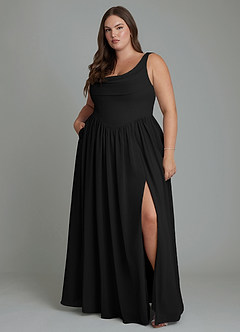 Azazie Novi Vestidos de damas de honor Vestido Negro de Gasa de Línea A con Plisado image7