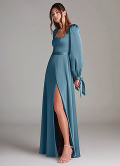 Azazie Leonia Bridesmaid Dresses Bermuda A-Line Long Sleeve Stretch Satin Dress image5