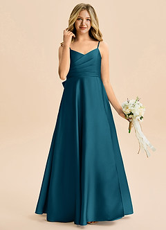 Azazie Rumi Junior Linia A Pofałdowany Satyna elastyczna Długość podłogi Młodsza druhna Sukienka image4