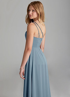 Azazie Maron Junior Dusty Blue A-Line Pleated Stretch Satin Dress image2