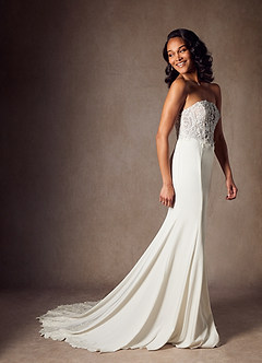 Azazie Lewena Vestidos de novia Vestido de Blanco Diamante Moca de Satén con cara trasera de crepé de Corte Sirena con Encaje image5